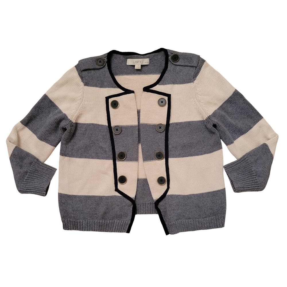 LOFT SP Cardigan Gray Cream Stripe Double Breasted Nautical Miltary Sweater